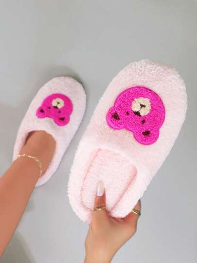 Herbst/Winter süße Cartoon-Stickerei Bär Plüsch weiche Sohle Hausschuhe für Frauen, leise Hausschuhe für Innen, Weihnachtsschuhe