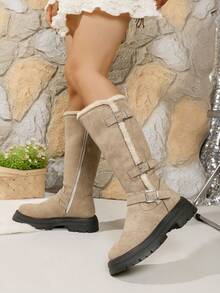 Ghete damă confortabile cu toc gros și cataramă, pereche nouă de iarnă versatilă cu jachetă cu puf, rochie, cizme western casual, căptușeală groasă din blană artificială, negre, până la jumătatea gambei, înălțimea tocului de 4 cm, fermoar - Caisă - Vizualizare 2