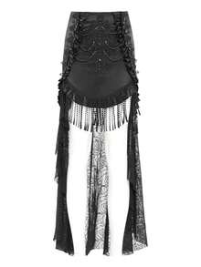 EVA LADY 1pc Gothic Style Lace Maxi Dress With Tassel Trim, Dark Theme Attention-Grabbing Outfit, Autumn/Winter - Black - View 16