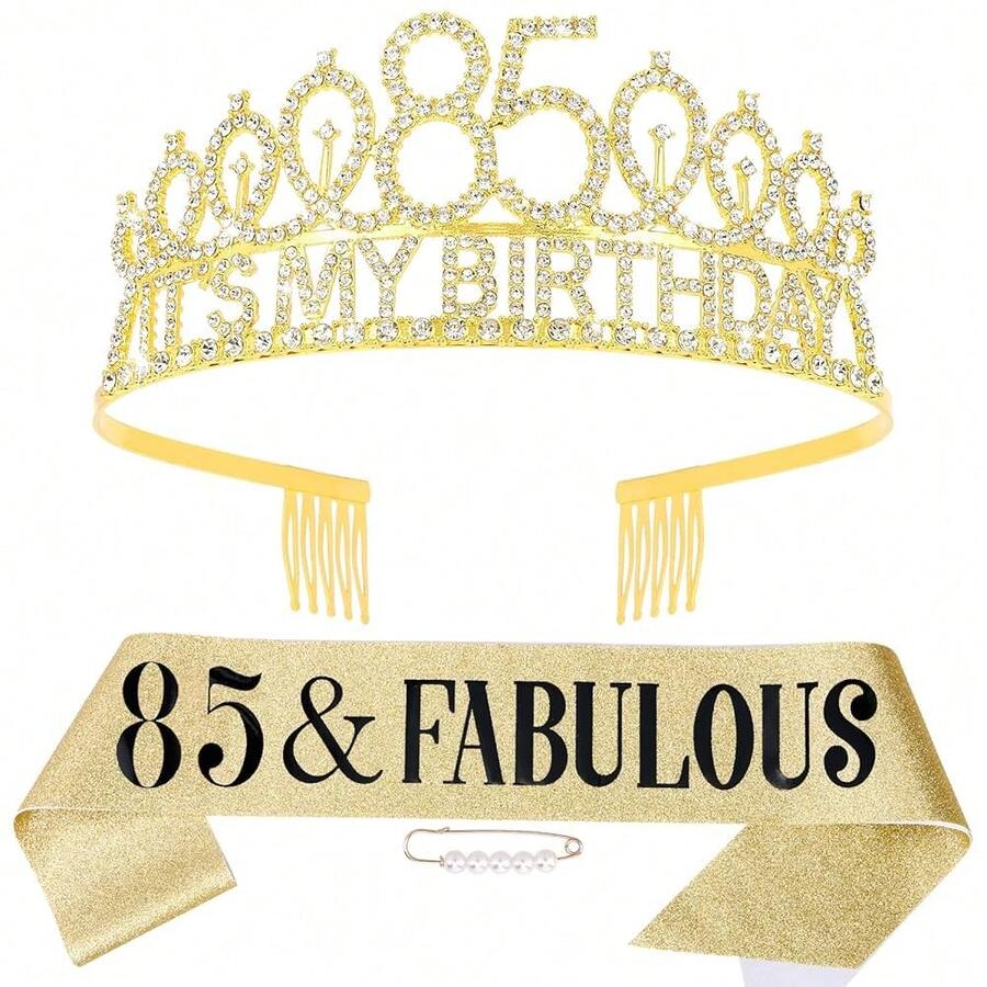 85th Birthday Decorations For Women, 85th Birthday Gits For Her Birthday Decorations Set- It's My Birthday Crown And Sash With 85 & Fabulous, Happy 85th Birthday Tiara Birthday Party{Inchcolorinch:InchGoldinch} - Gold - 查看 1