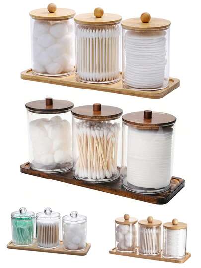 10oz Cotton Swab Box With Dressing Tray, 3 Packs Swab/Ball/Pad Dispenser, Apothecary Jar, Clear Bathroom Storage Container Dispenser With Tray.
