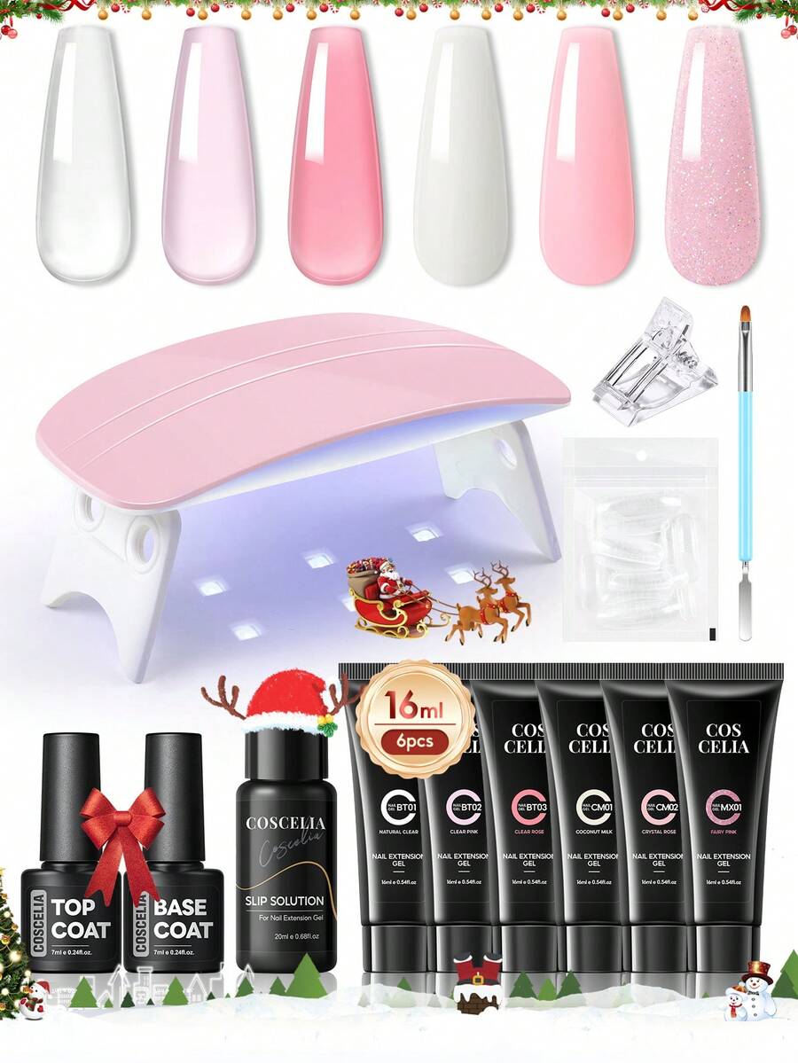 coscelia 13PCS 16ML Nail Extension Gel & Solution Set, Clear Pink White Glitter Poy Gel & Base Top Coat & UV Light For Women DIY Nail Salon Christmas Gift - 彩色 - 查看 1
