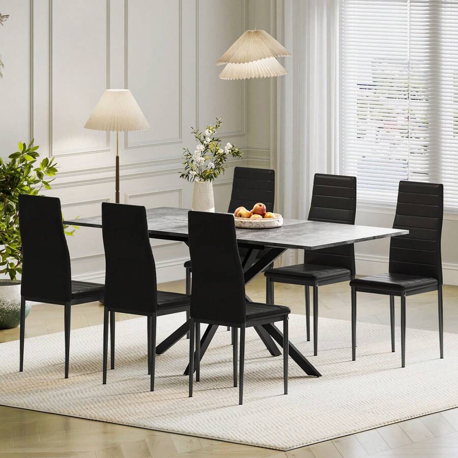 Extendable Dining Table And Chairs Set Of 6,Cement Grey Table With 6 Black High Back Dining Chairs,Modern Dining Table Set For Home/Kitchen,120cm - Mesa gris cemento + 6 sillas negras - Ver 1