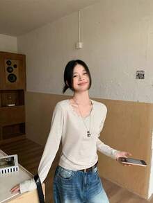 铆钉设计叠穿女式打底衫，长袖T恤，时尚韩版独特休闲上衣，适合秋冬季穿着 - 暖花灰 - 查看 3