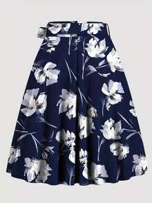 Plus Size Women's Floral Rose Solid High Waist Midi Skirt, Elegant Party, Floral Print Lace Up Skirt,Fall/Spring Cloth For Women - Blue - View 4