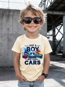 男孩标语和汽车图案圆领短袖休闲百搭T恤 - 杏色 - 查看 7