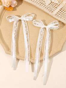 2pcs Flower Lace Hair Bows For Girls Beige Ribbon Bow Alligator Clips With Long Tail Elegant Wedding Hair Clip Mother's Day Vacation Barrettes Holiday Gift Kids Hair Accessories - 米色 - 查看 7
