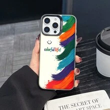 Colorful Silver Apple Phone CaseColorful Life With A  FaceCompatible With  11 To  17 Models The Cases Lens Protection Function Ensures The Camera Remains Undamaged During Shooting  Guaranteeing Image Quality - Black - View 6