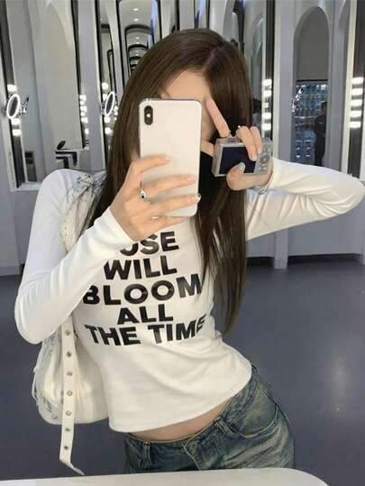 Round Neck Long-Sleeved T-Shirt American Hottie, New Spring And Autumn Letter Prints, Women's Short Slim Bodywear