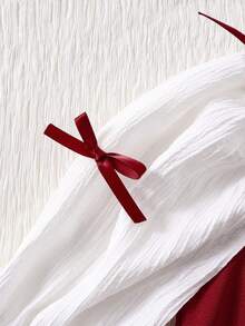 女童公主裙，方领，网眼拼接袖，蝴蝶结装饰，春秋季 - 酒紅色 - 查看 4