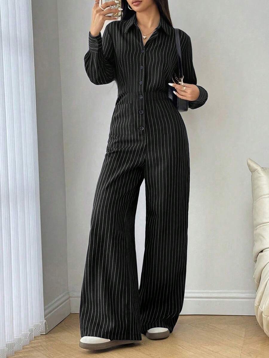 Striped Front Button Pocket Casual Jumpsuit For Women - Black - View 1