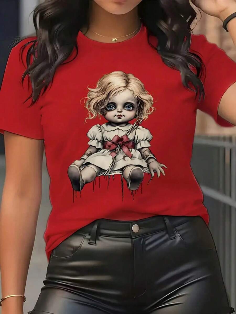 Evil Dolls Print Crew Neck T-Shirt - Fashionable Womens Graphic Print T-Shirt - Casual Short Sleeve Crew Neck Top - Lightweight & Breathable For Spring & Summer Wardrobe, 1 Piece, 200g - 紅色1 - 查看 1