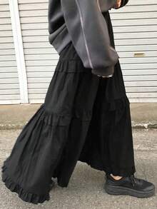 女士时尚休闲长裙，荷叶边装饰，春夏款 - 黑色 - 查看 1