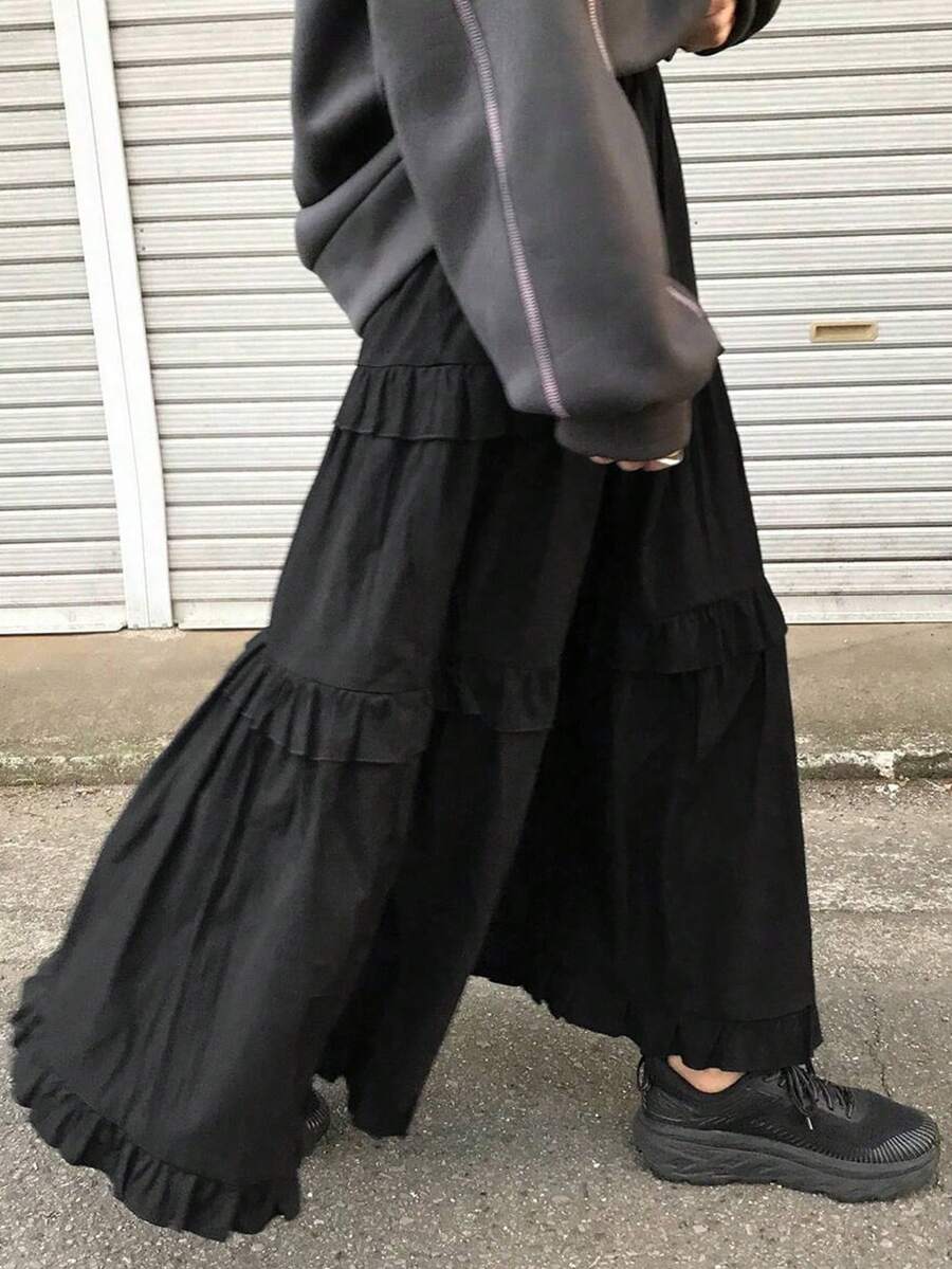 女士时尚休闲长裙，荷叶边装饰，春夏款 - 黑色 - 查看 1