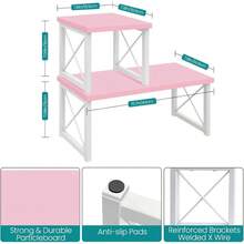 Wood Desktop Shelf, Freestanding Small Bookshelf Dorm Supplies Organizers, 2 Tier Stackable Desk Stand, Adjustable Storage Organizer, Kitchen Counter Display Rack, White - Pink - View 4
