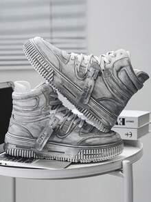 女士休闲运动鞋，新款高帮滑板鞋，厚底平底圆头套脚滑板鞋，白色，透气除臭个性化街头风摩托车靴，男女通用情侣户外旅行度假真皮摩托车靴