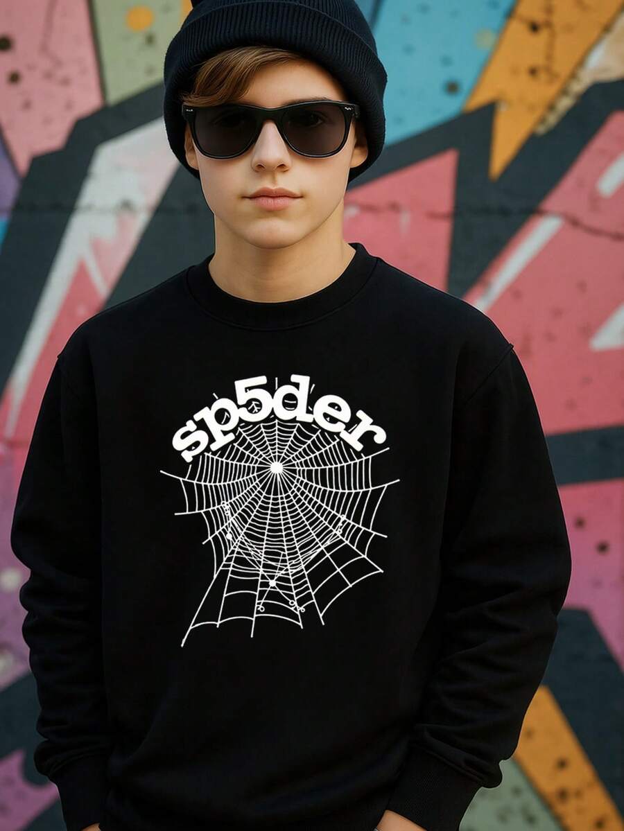 Tween Boy's "SP5DER" Spider Web Graphic Tee, Black With Spider Web Theme, Comfortable Fashion Exquisite Sweatshirt For Retro Fashion Tween Boys Concert Sweatshirt- Christmas, Round Neck Long Sleeve Exquisite Sweatshirt Autumn And Winter Student Boys Clothing Perfect Cozy Gifts To Christmas Thanksgiving,Boys Fun Sweatshirt - 黑色 - 查看 1