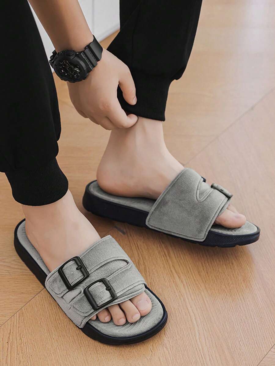 Men's Plush Slippers, Indoor Fleece Slippers With Double Strap Design, Simple And Fashionable, Casual And Lightweight - Grey - View 1