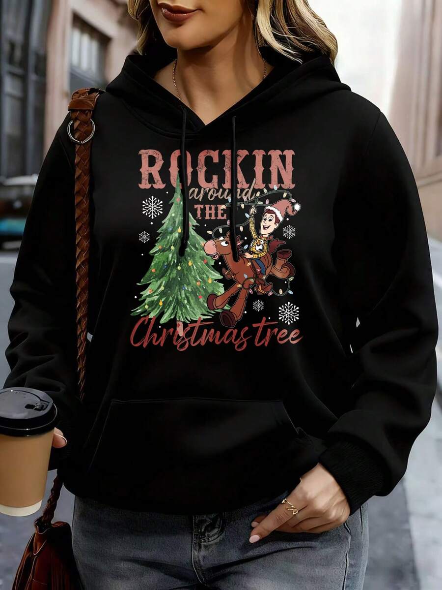 Disney Hoodie White Rockin Around The Christmas Tree Mickey Mouse Print Holiday Sweatshirt For Women Winter Casual Wear - 黑色 - 查看 1