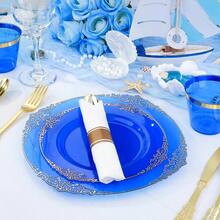 350PCS Gold Plastic Plates 50 Guests, Disposable Dinnerware Sets Include Gold Rim Plastic Plates, 50 Silverwares, 50 Cups, And 50 Pre Rolled Napkins Party, Wedding, Graduation - Clear Blue + 50 Guests Set - View 5
