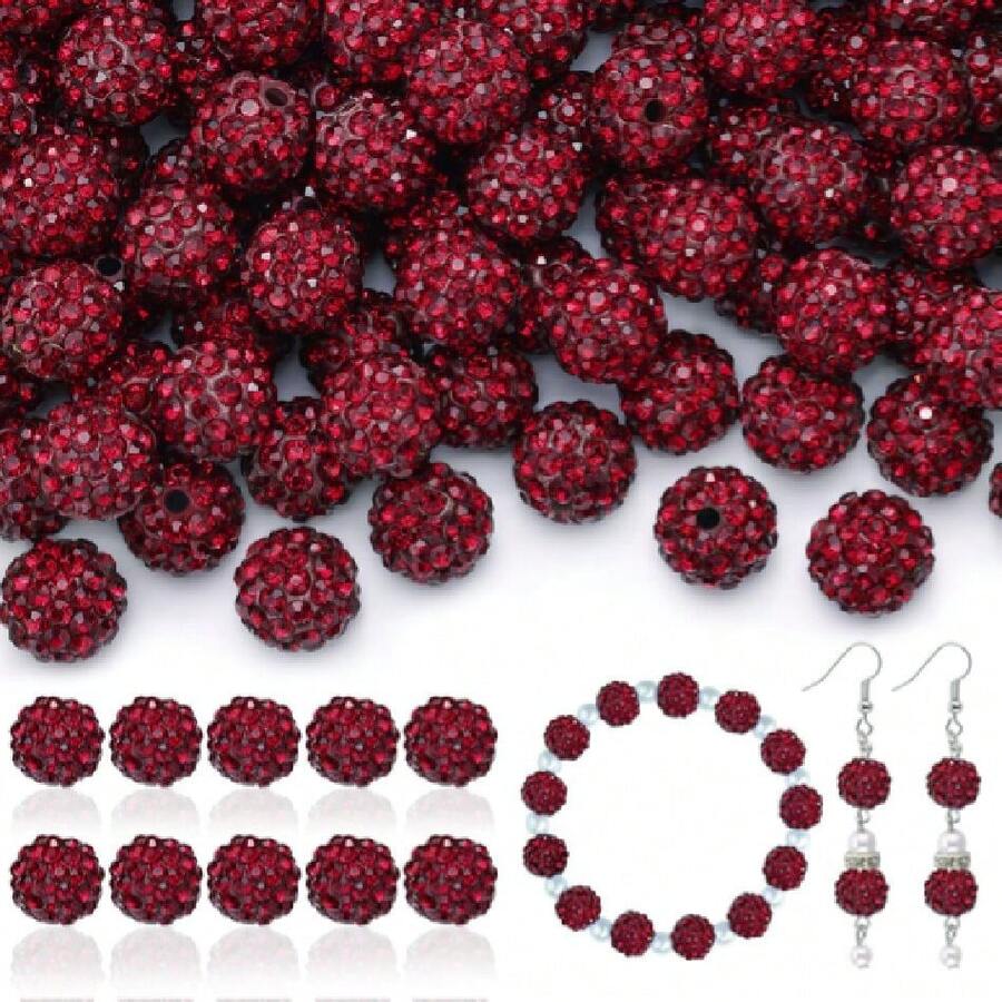 200pcs 10 Rhinestone Beads For Jewelry Making, Dark Red Shiny Round Disco Ball Beads Bulk, Sparkle Crystal Clay Christmas For Bracelet Baseball Necklace Earring Crafting And DIY,26388572 - 紅色 - 查看 1