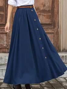 Women's Casual Retro Street Style Button-Up Skirt, Spring/Summer - Royal Blue - View 4