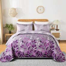 3Pcs Purple Leaf Queen King Double Bedspread Coverlet Bedding Sets (1 Quilt + 2 Pillow Cases),Botanical Leaves Printed Bedspread Bedding Set, Microfiber Floral Coverlet Bedding Set For Wedding Items, Valentines Day Home Bed Room Decor, Mothers Day Gift, All Season - Purple01 - 查看 6
