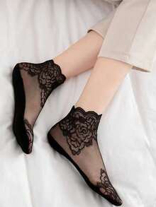 1 双女士花朵图案时尚中筒袜，适合夏季情人节 - 黑色 - 查看 6