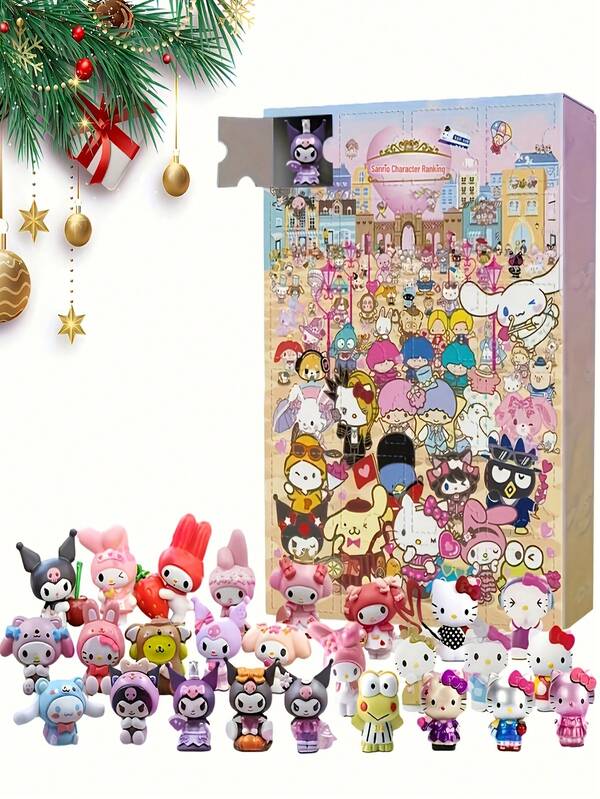 Sanrio Calendario de cuenta regresiva navideña de Sanrio para Hello Kitty - 24 días de personajes lindos Hello Kitty, caja misteriosa de Kuromi, calendario navideño de resina, favor de fiesta, paquete de regalo coleccionable (sin baterías requeridas), decoración de fiesta navideña, diseño juguetón, ilustraciones detalladas, ideal para Navidad