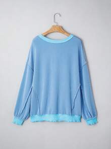 Acelitt 纹理条纹卷边长袖休闲宽松圆领T恤，秋冬季 - 藍色 - 查看 5