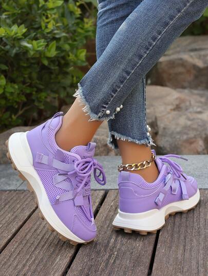 1双青少年透气网眼拼接系带休闲运动鞋，多功能学生运动鞋