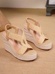 女士坡跟凉鞋，黄色镂空拉菲草编织套脚凉鞋，夏季度假风草底户外高跟鞋 - 黃色 - 查看 17