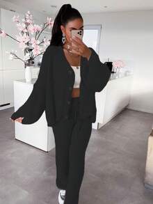 女士休闲可爱开衫针织衫上衣针织裤套装家居居家服舒适时尚秋冬外出穿搭 - 黑色 - 查看 9