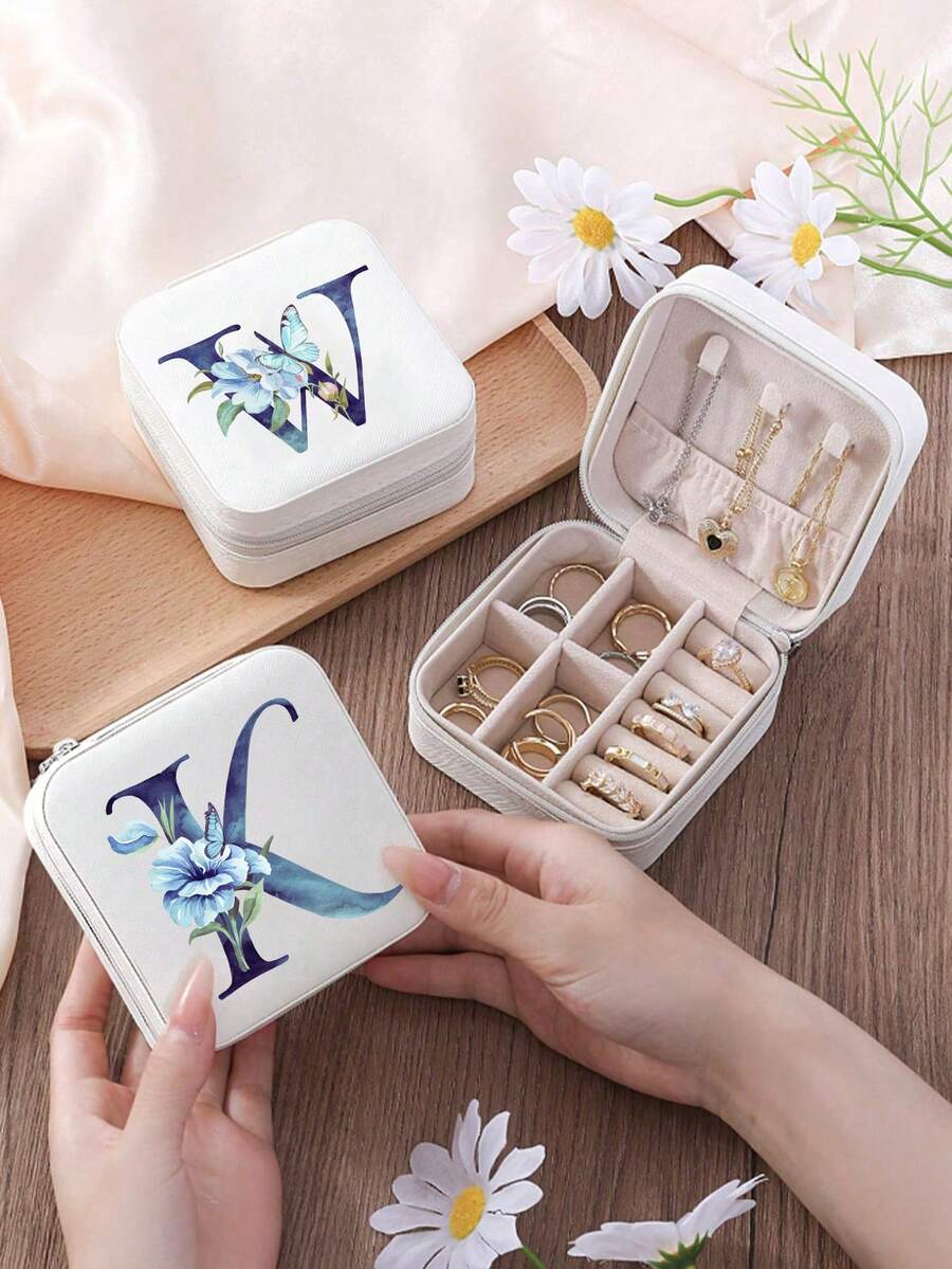 1 Peça Caixa de Joias Portátil com Letra Floral - Forro de Veludo, Caixa de Armazenamento de Mesa, Pode Armazenar Anéis, Brincos, Colares - Leve, Caixa de Joias de Viagem com Zíper, Caixa de Armazenamento de Joias, Caixa de Armazenamento de Maquiagem Portátil Minimalista Clássica com Zíper Quadrada, Caixa de Armazenamento de Acessórios de Joias Criativa Portátil para Brincos, Anéis e Pulseiras - Azul - Visão 1