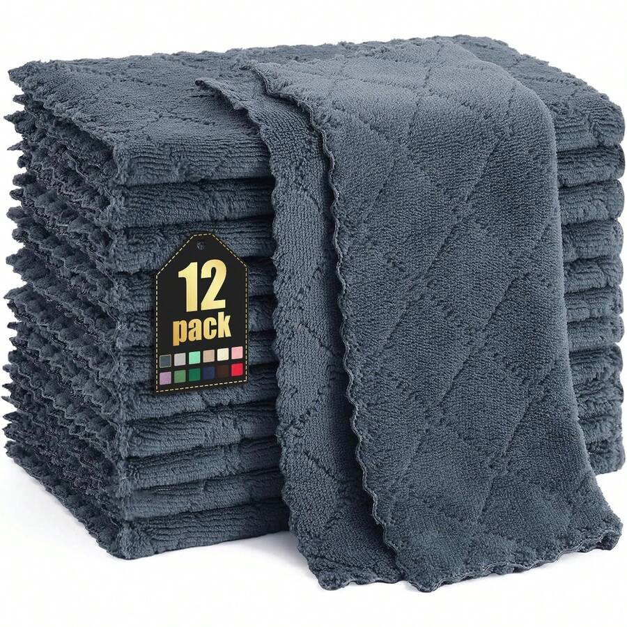 12 Pack Kitchen Dish Cloths (10 X 10 Inches, Cream Yellow), Super Soft And Absorbent Coral Velvet Dish Towels, Nonstick Oil Fast Drying Microfiber Cleaning Cloth, No Lint Household Dishcloths, 2025 - 深灰色 - 查看 1