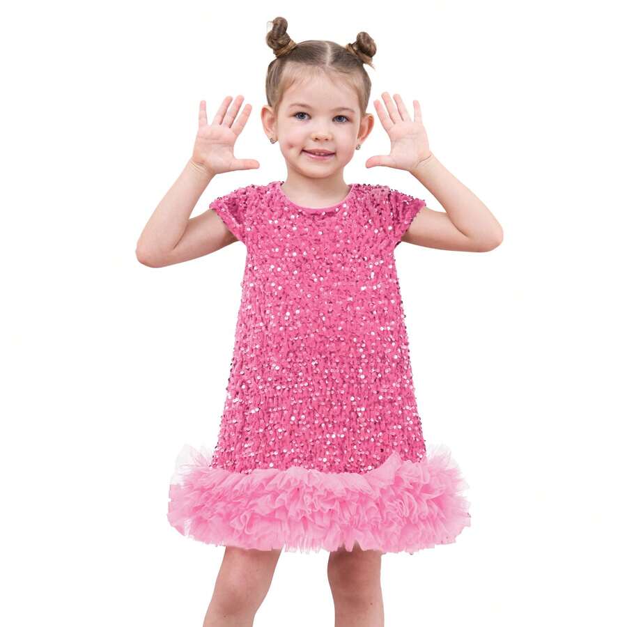 LONTAKIDS Toddler Girls Sequin Dress Sparkly Gown Party Dresses Little Kids A-Line Velvet Dress - 粉色 - 查看 1