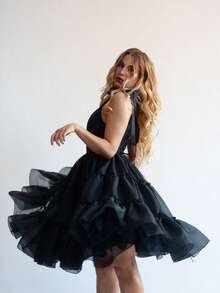 Womens Party Tutu Dress Stylish Solid Ruffled Trim Tie Back Sleeveless Tie-Shoulder Midi A-Line Dress - Black - View 8