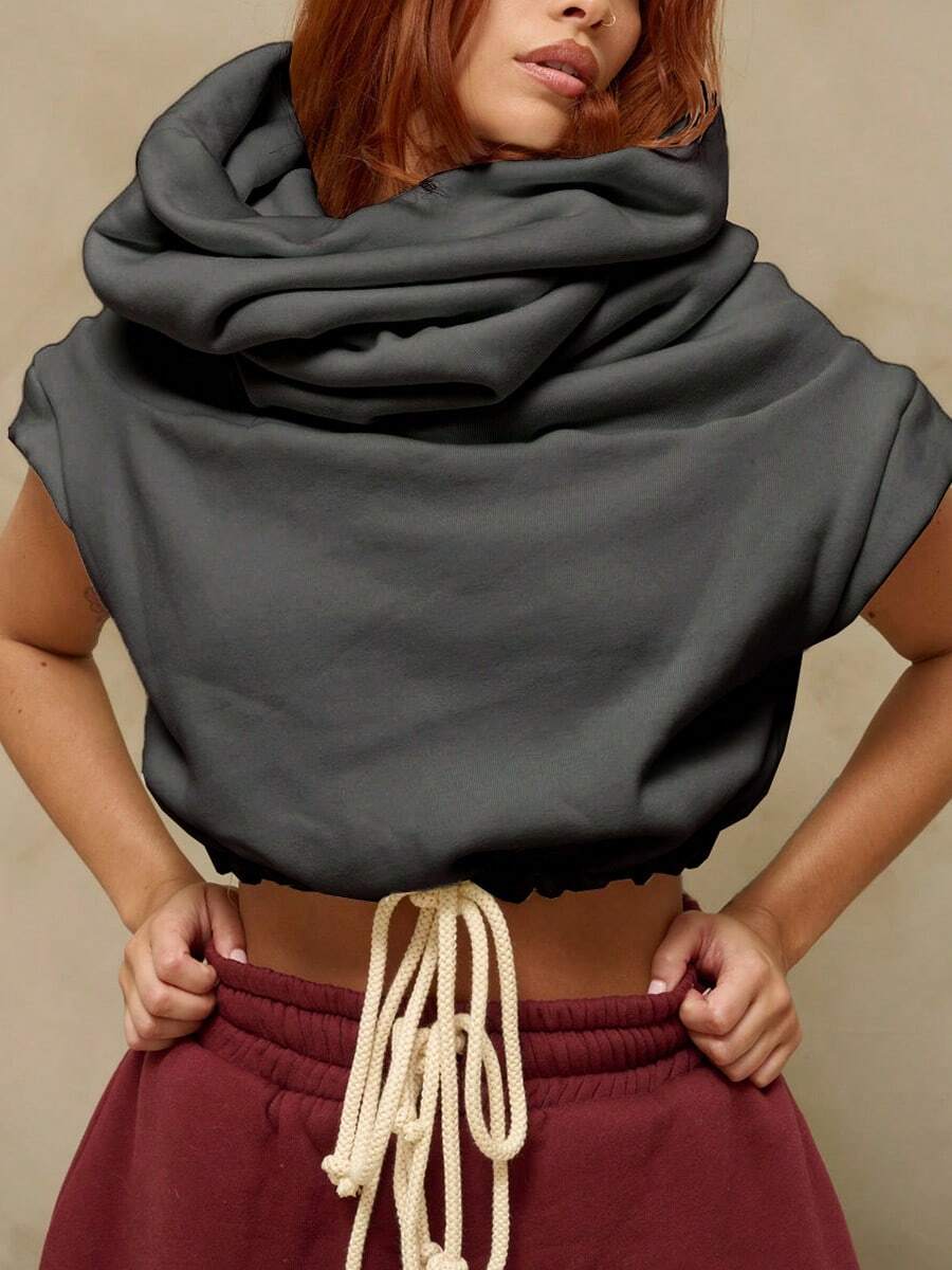 Áo crop top không tay có mũ trùm đầu dành cho nữ, dệt kim, có dây rút và viền bó sát, mang đến vẻ ngoài thời trang