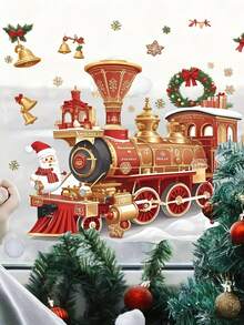 1pc Christmas Train Santa Snowman Snowflake Wreath Window Decoration - Self-Adhesive PVC Glass Sticker, Double-Sided Matte Finish, Irregular Shape, Classic Style For Living Room & Bedroom Door/Window Decor, Christmas Window Decorations