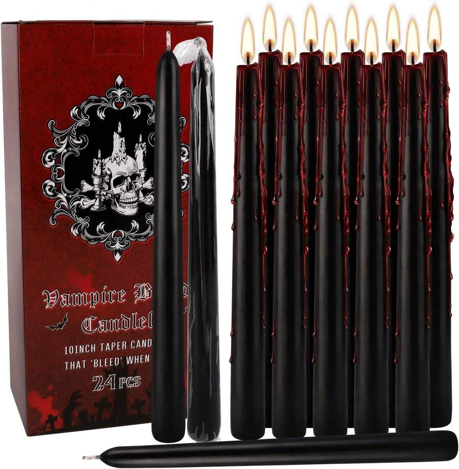 24 Pcs 10 Inch Vampire Blood Taper Candles Vampire Blood Candle, Ritual Spell Unscented Candle Halloween Spooky Dr For Haunted House, Gothic Theme Party.,26546992 - Black - View 1