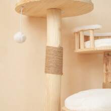 Designer Solid Wood Cat Climber - 98cm High, 3-Level Trampoline, Detachable Pillow And Toy Balls, Optical Cloud Imitation - Nature, Use, Cat Climbing - White - View 8