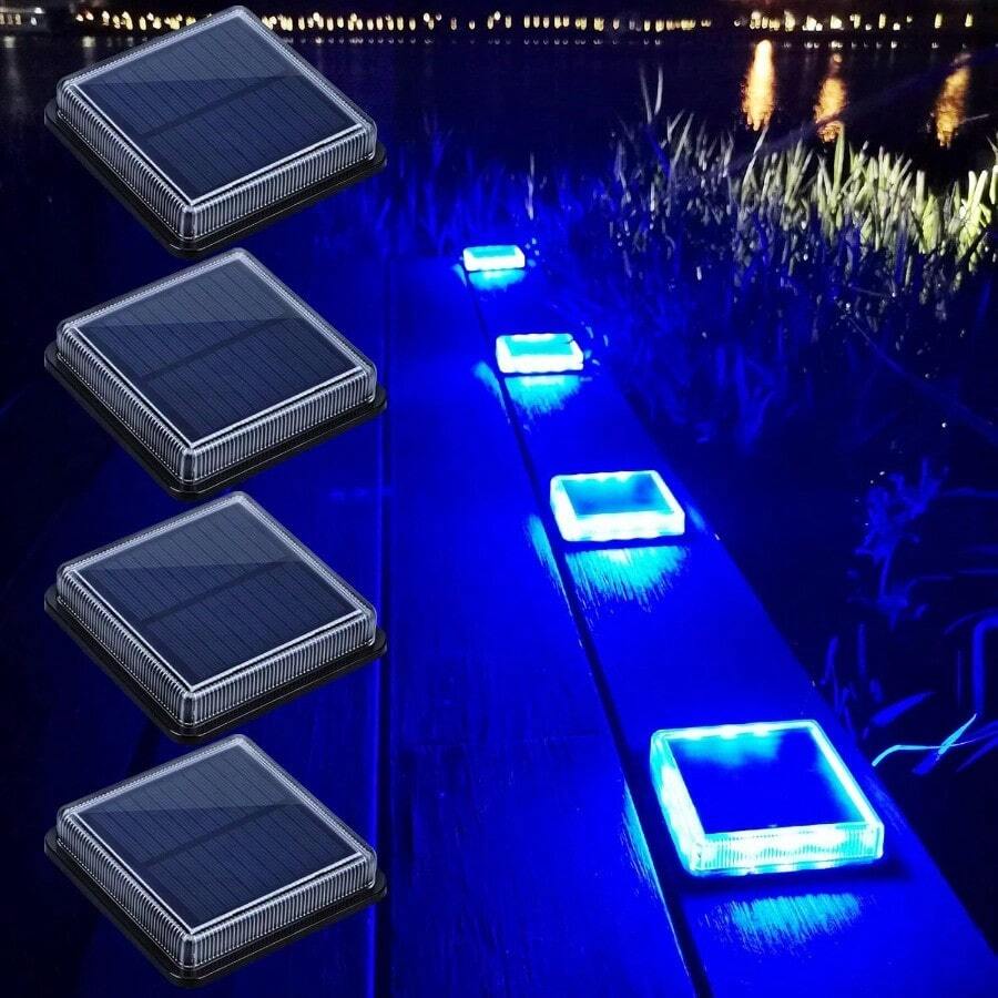 Step LightsLacasa Luces Solares Jardin LED Lámpara Solar Exterior IP68 Impermeable Auto ON/OFF Luz Solar del Piso para Step Garaje Camino Patio Deck Dock Entrada Vía Calle Valla - Luz Azul - 4 PackStep Lights - CuadradoLuzAzul - Ver 1