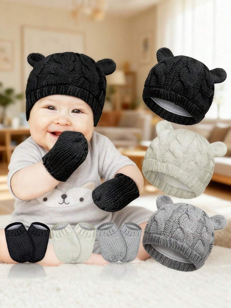 1 Set de Gorro y Guantes de Bebé Suaves y Cálidos con Diseño de Animales, Combo Unisex de Gorro y Guantes de unicolor Prácticos y Gruesos para Temporadas Frías