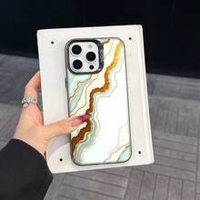 Colorful Silver Apple Phone CaseAbstract Marble With Gold Veins And Light Blue StreaksCompatible With  11 To  17 Models The Cases Lens Protection Function Ensures The Camera Remains Undamaged During Shooting  Guaranteeing Image Quality - 黑色 - 查看 4
