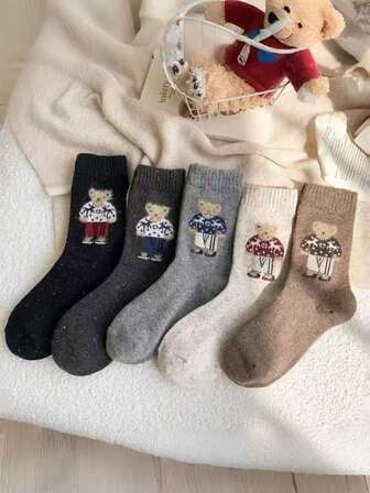 5 Pairs Assorted Vintage Cartoon Bear Flocked Lined Mid-Calf Socks, Autumn/Winter