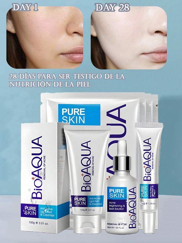 Set De 5 Pure Skin Bioaqua Retira Grasa Full Completo – Esencia Facial Hidratante y Blanqueadora, Crema Humectante, Cuidado Facial Última Generación – Serum 30ml – Limpiador 100gm – Hoja Máscara 2 pieza – Set Bio Aqua Niacinamida, Disminuye Manchas Oscuras Y Efecto Hidratante Profundo