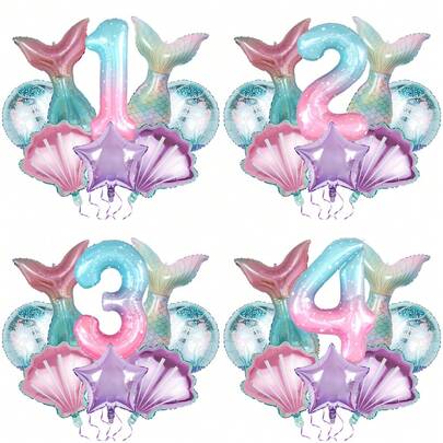 Bộ 8 bóng bay lá kim loại đuôi tiên cá hình vỏ sò ombre số, thích hợp trang trí tiệc sinh nhật, trang trí tiệc chủ đề nàng tiên cá, trang trí nhà cửa