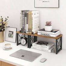 Wood Desktop Shelf, Freestanding Small Bookshelf Dorm Supplies Organizers, 2 Tier Stackable Desk Stand, Adjustable Storage Organizer, Kitchen Counter Display Rack, White - Rustic Brown - 查看 8
