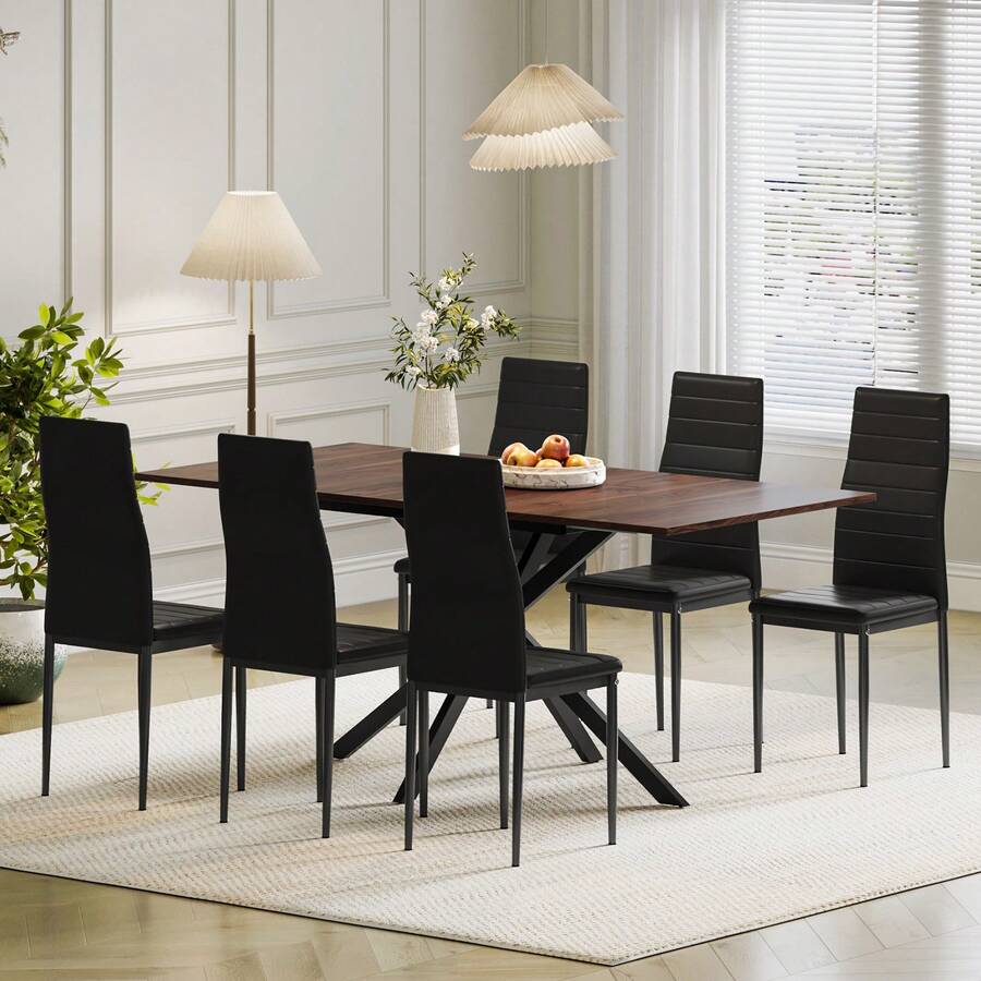 Dining Table And Chairs Set Of 2/4, Folding Round Dining Table With 2 PU Leather Chairs For Dining Room,Kitchen,Living Room - 棕色方桌+6黑色橫線椅 - 查看 1