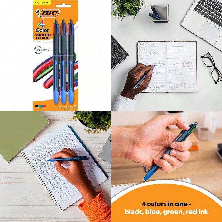 BIC 4 Color Smooth Retractable Ballpoint Pen 1.0 Mm Point For Smooth Ink Flow 3Count Pack In Assorted Ink Colors - Màu xanh lam - Xem 1